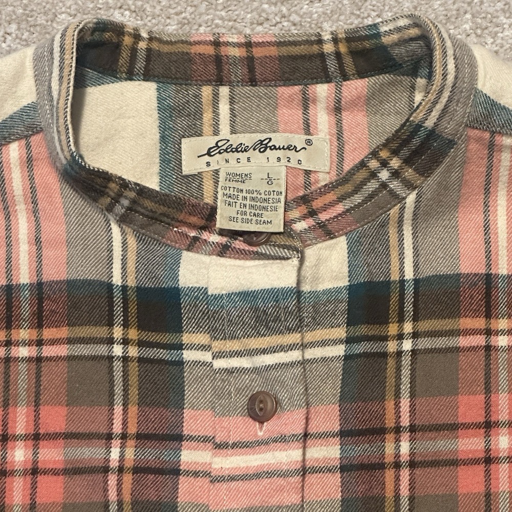 Women's Eddie Bauer Plaid Shirt Sz Large Blade Collar Oversized Soft Button Down